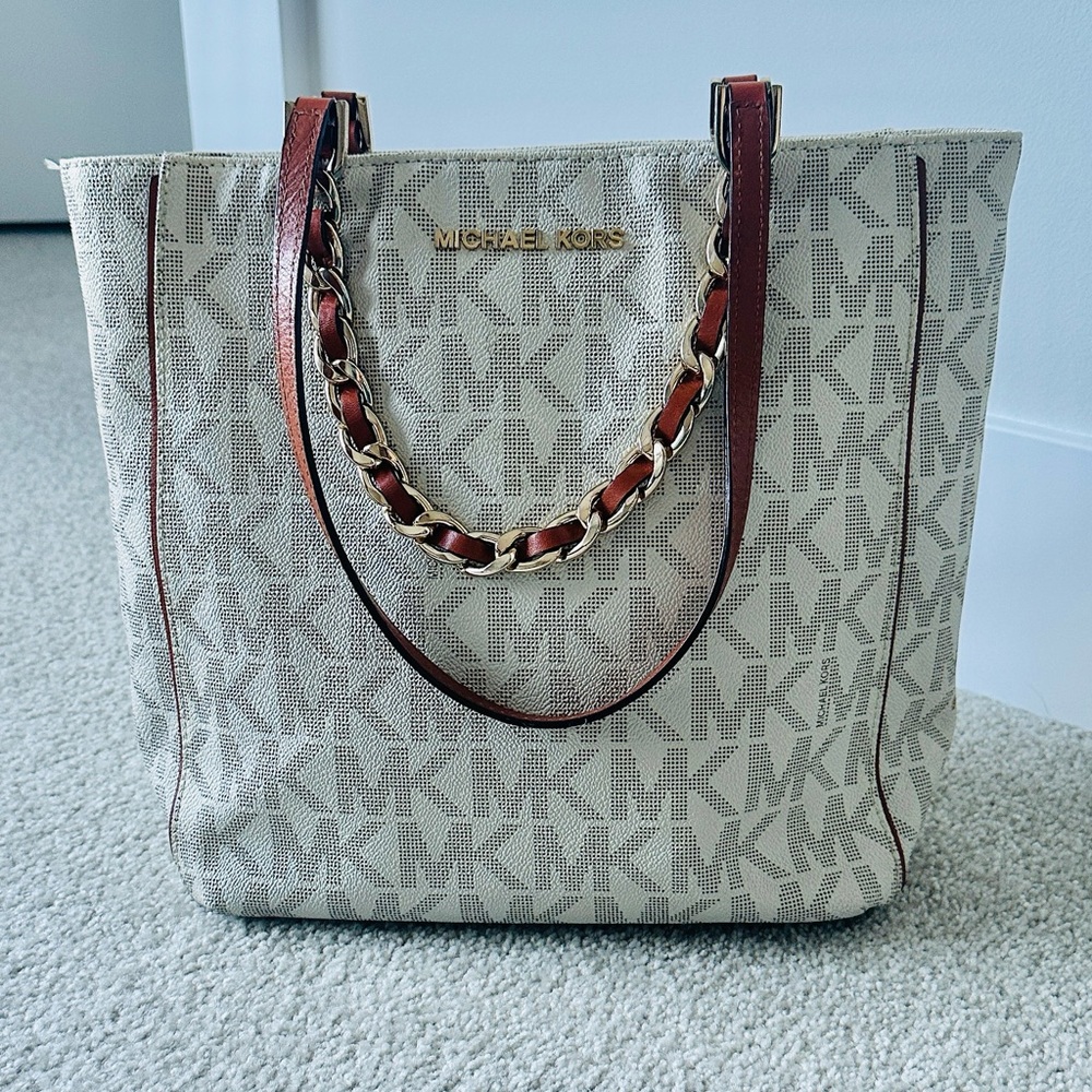 Michael Kors Cream Logo Tote with Brown Leather & Gold Chain Straps